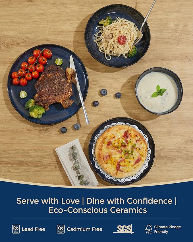 32 Piece Starry Blue Dinnerware Set with Pasta Bowls, Coastal Reactive Glaze Stoneware for 8 | Complete Serving Set for Holiday Meals, Multi‑Dish Hosting & Family Celebrations