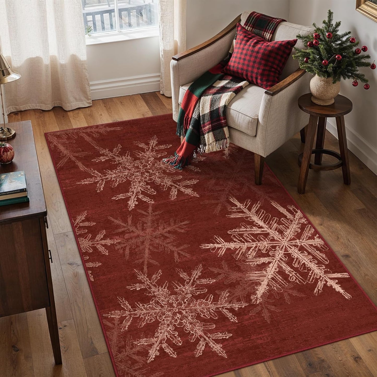Christmas Area Rug 3x5 Red Washable Office Carpet Xmas Snowflake Holiday Decor Entryway Non Slip Soft Low Pile Small Carpet Indoor Throw Rug Kitchen Living Room Bedroom Entrance Dining Room
