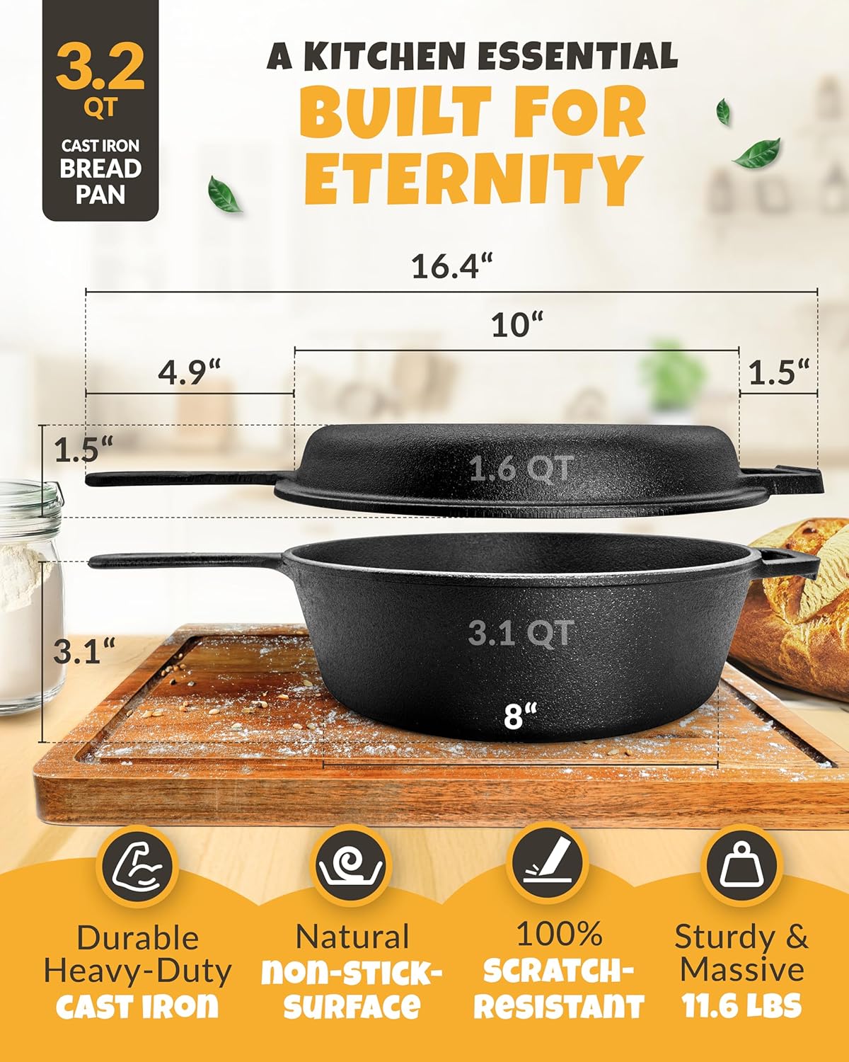 Cast Iron Dutch Oven for Bread Baking - incl. Sourdough Bread Baking Supplies like Banneton Bread-Proofing Basket - 3.2QT Bread-Oven with Lid and handles -Bread pan, Bread-Banking Pan