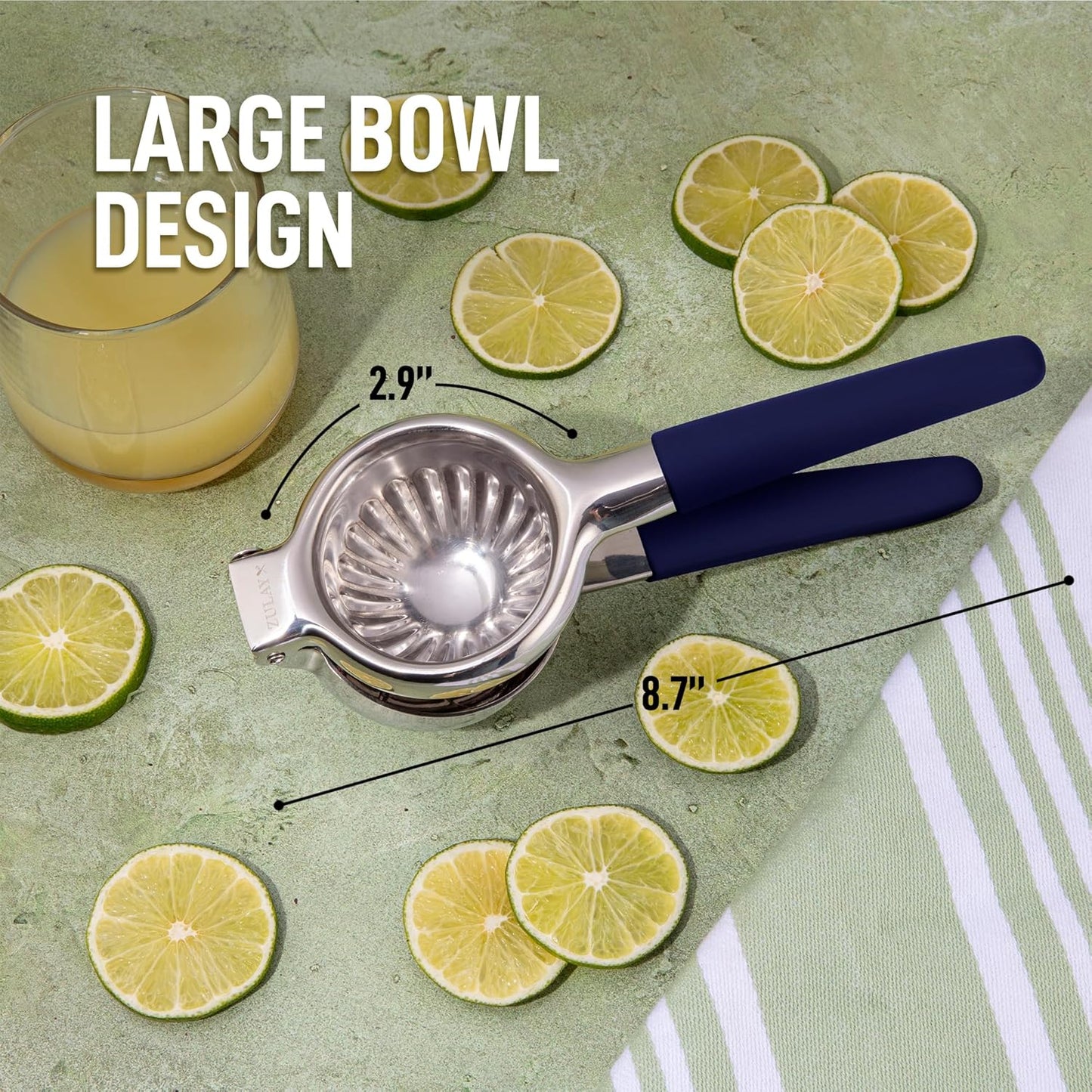 Zulay Kitchen Lemon Squeezer Stainless Steel with Premium Heavy Duty Solid Metal Squeezer Bowl and Food Grade Silicone Handles - Large Manual Citrus Press Juicer and SS Lime Squeezer (Navy)