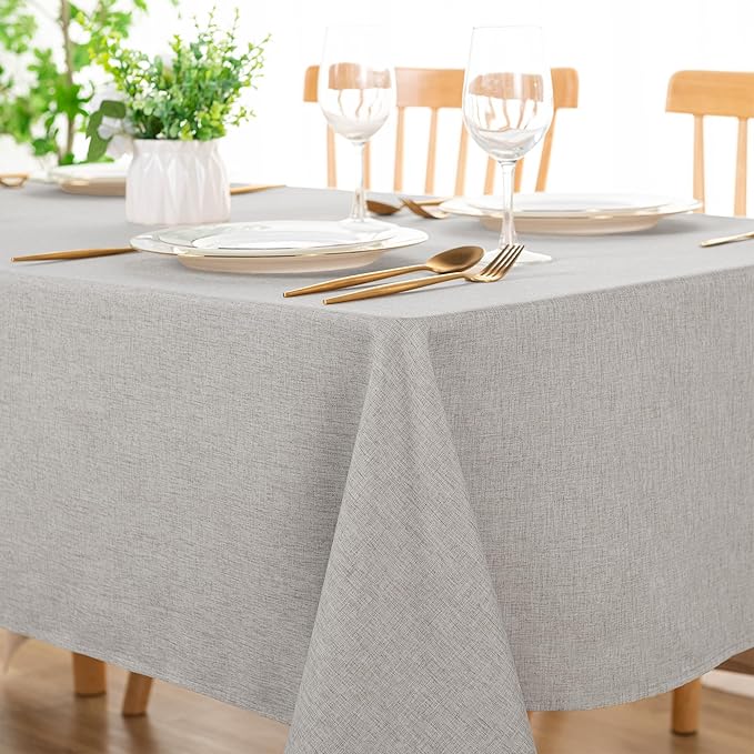 DWCN Rectangle Faux Linen Tablecloth - Textured Waterproof Spill-Proof Wrinkle and Stain Resistant Table Cloth Decorative Fabric Farmhouse Table Cover for Kitchen Dining, 60 x 84 Inch, Light Grey
