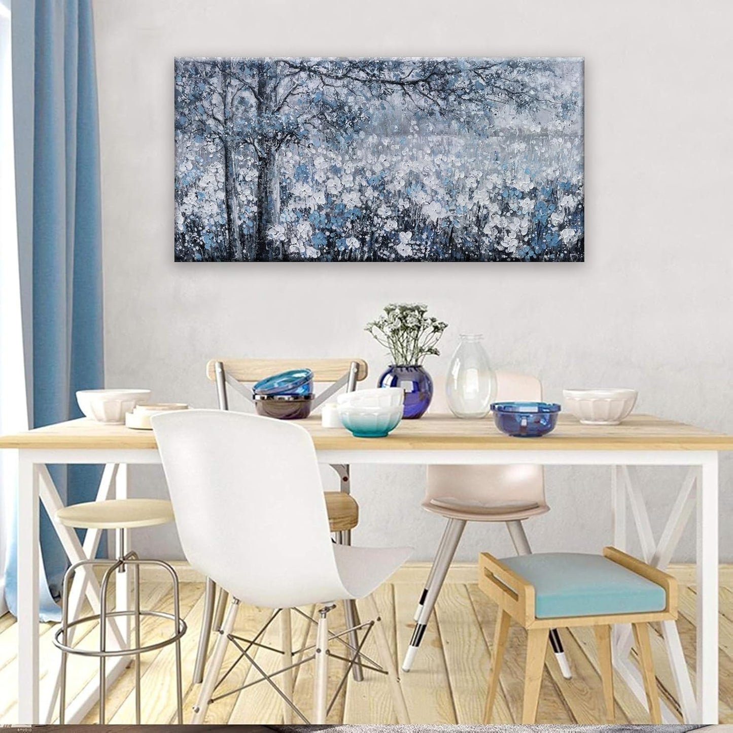 Wall Art for Living Room Blue And White Abstract Tree Flower Modern Artwork Canvas Painting Textured Tree Pictures Wall Decor Bedroom Dining Room Home Office Decor 24"x48" Ready to Hang