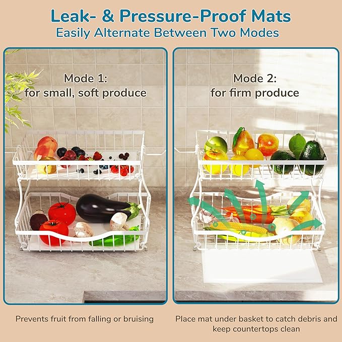 Large 2-Tier Fruit Basket for Kitchen Counter with 2 Banana Hangers – Metal Fruit Bowl for Onion, Vegetable, Snacks, Breads Storage – Countertop Organizer – White