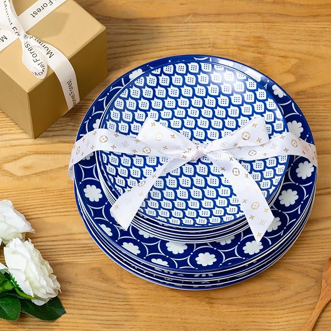 AntoKueh Porcelain Dinner Plates Set of 6, 8 Inch Ceramic Plates - Blue and White Vintage Design for Salad, Pasta, Steak - Scratch, Chip Resistant, Dishwasher & Microwave Safe
