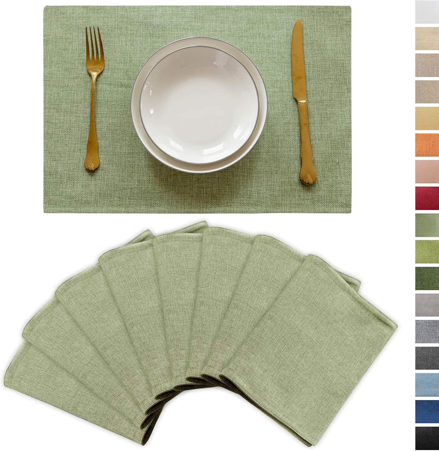 Demetex Cloth Green Placemats Set of 8 Heat Resistant Table Plate Mat Washable Linen Placemat for Kitchen Dining Tables, 13x19 inch, Grass Green