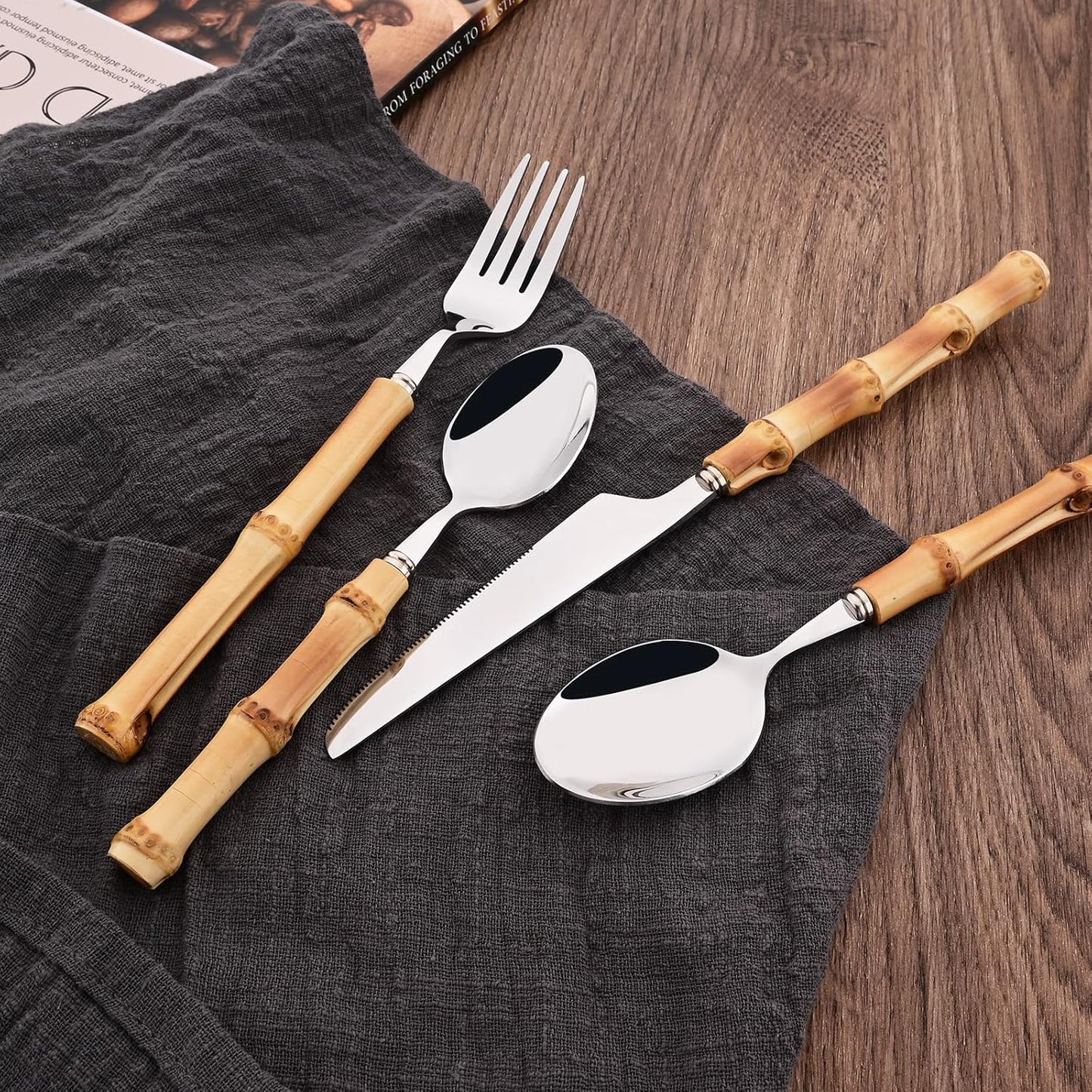 50PCS Silverware Set for 10, Bamboo Handle Flatware Set, Stainless Steel Cutlery Set for Home Restaurant and Party, Bamboo Forks Spoons and Knives Set, Polished Tableware