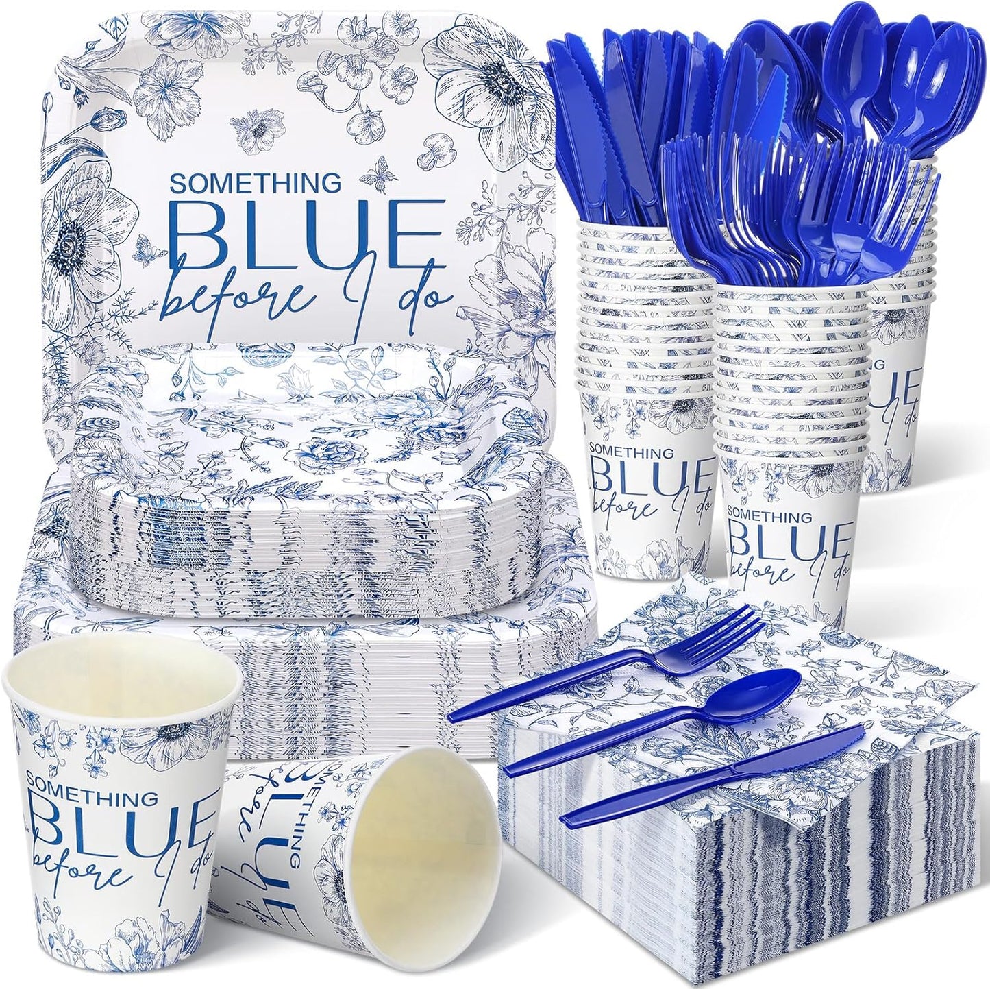350 Pcs Paper Plates and Napkins Set Disposable Dinnerware Party Supplies Tableware Serve 50 Guest Cups Knife Forks Spoon(Blue,Something Blue Before I Do)