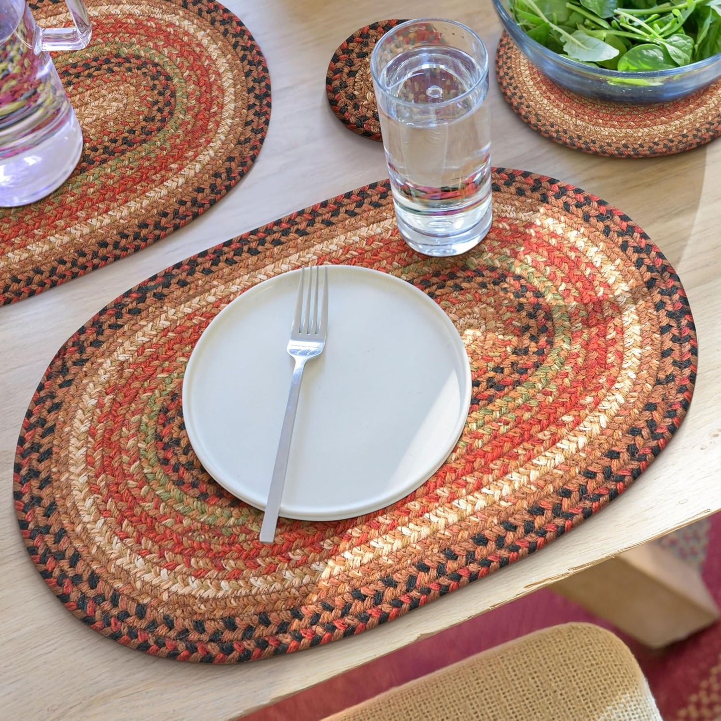 Homespice Gingerbread Jute Braided Placemats, Warm Country Decor, Set of 4, Brown 13x19 Oval Table Mats - Vibrant Colors, Durable, Easy to Clean and Protects Furniture