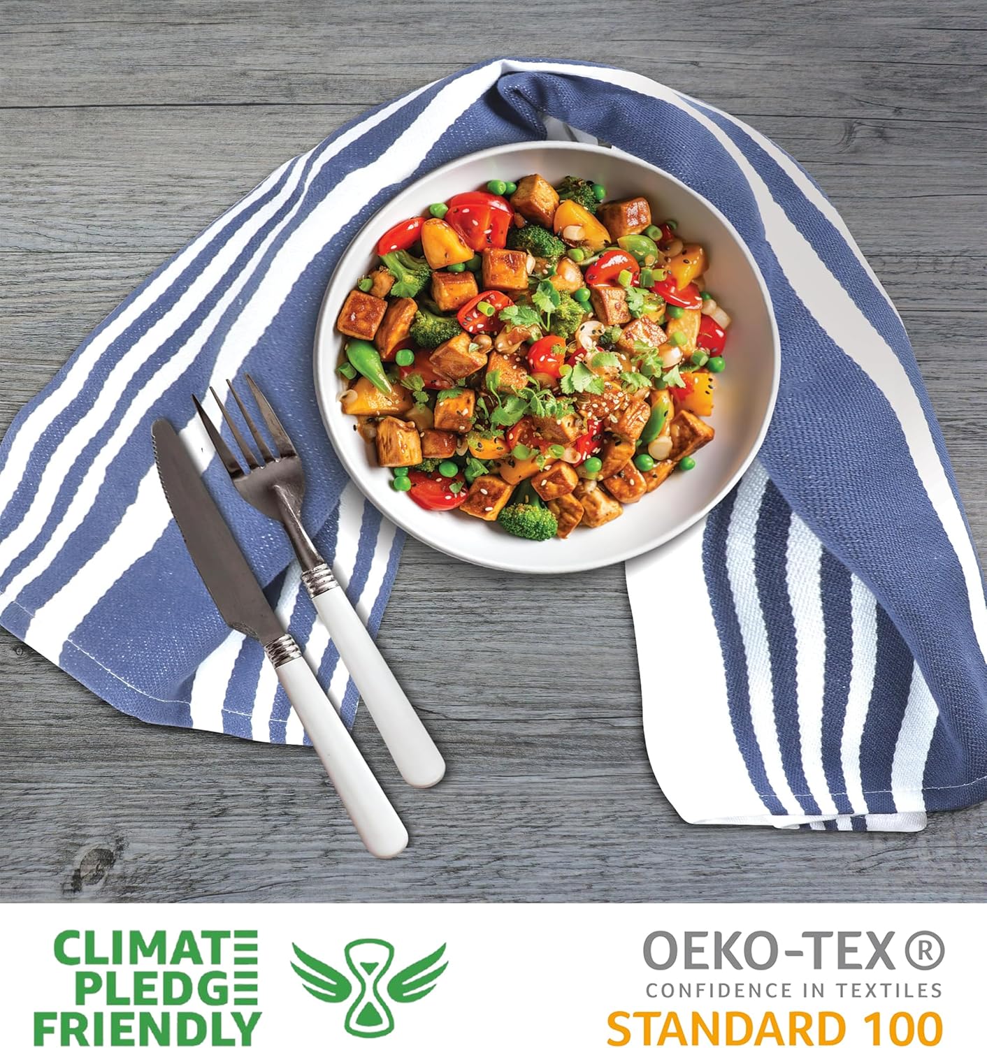 Urban Villa Kitchen Towels 100% Cotton Pack of 6, Highly Absorbent Quick Drying Super Soft Premium Dish Towels for Kitchen with Hanging Loop Hand & Tea Towels - 20x30 Inch, (Blue & White, Striped)