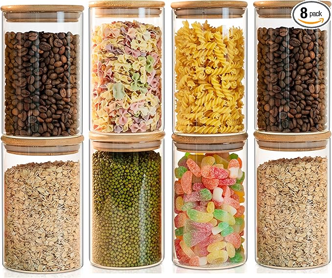 Glass Food Storage Jars Set of 8,26oz-Glass Storage Containers Clear Glass Food Canister with Bamboo Lid Airtight For Serving Tea, Coffee, Flour,Candy, Cookie, Spice(Round-80CMx150CM)