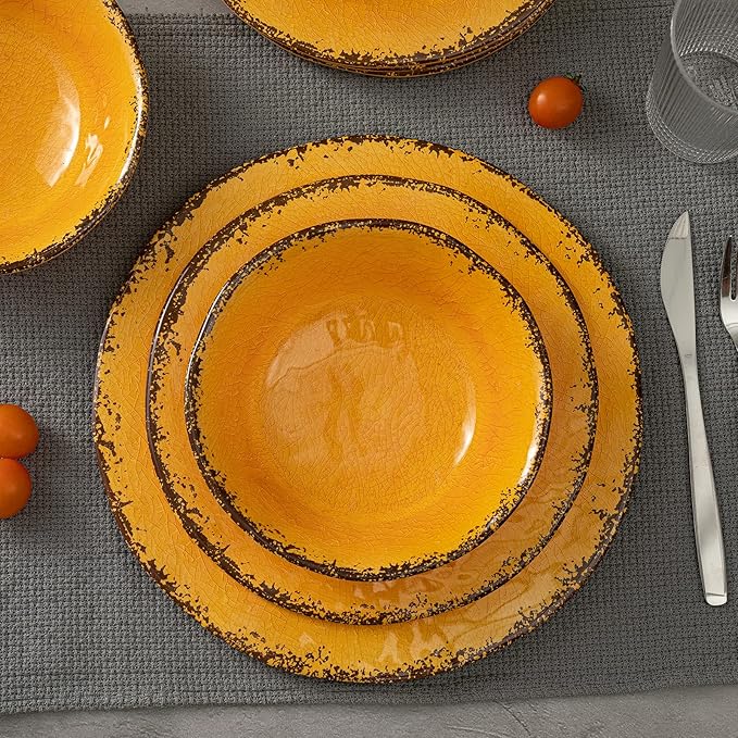 LEHAHA Melamine Dinnerware Sets, Outdoor Use Harvest Dinner Plates and Bowls Sets, Great for RVs Camping, Light Weight and Unbreakable 12 Piece Dishes Dinnerware Set for 4, (Gold)