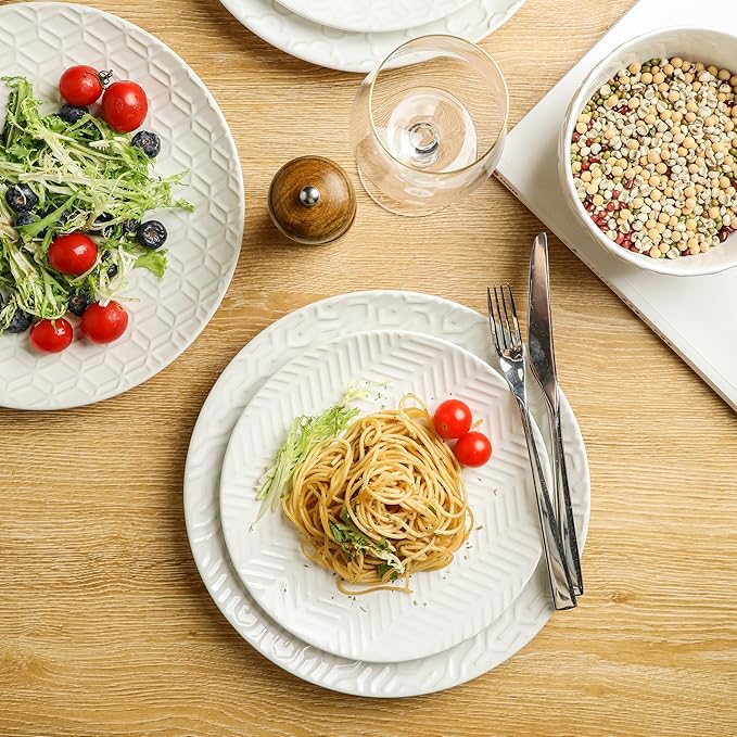 Sureasy 12-Piece Ceramic Dinnerware Set for 4 - Embossed Plates and Bowls Sets, Scratch Resistant Dish Set, Microwave, Oven & Dishwasher Safe, White