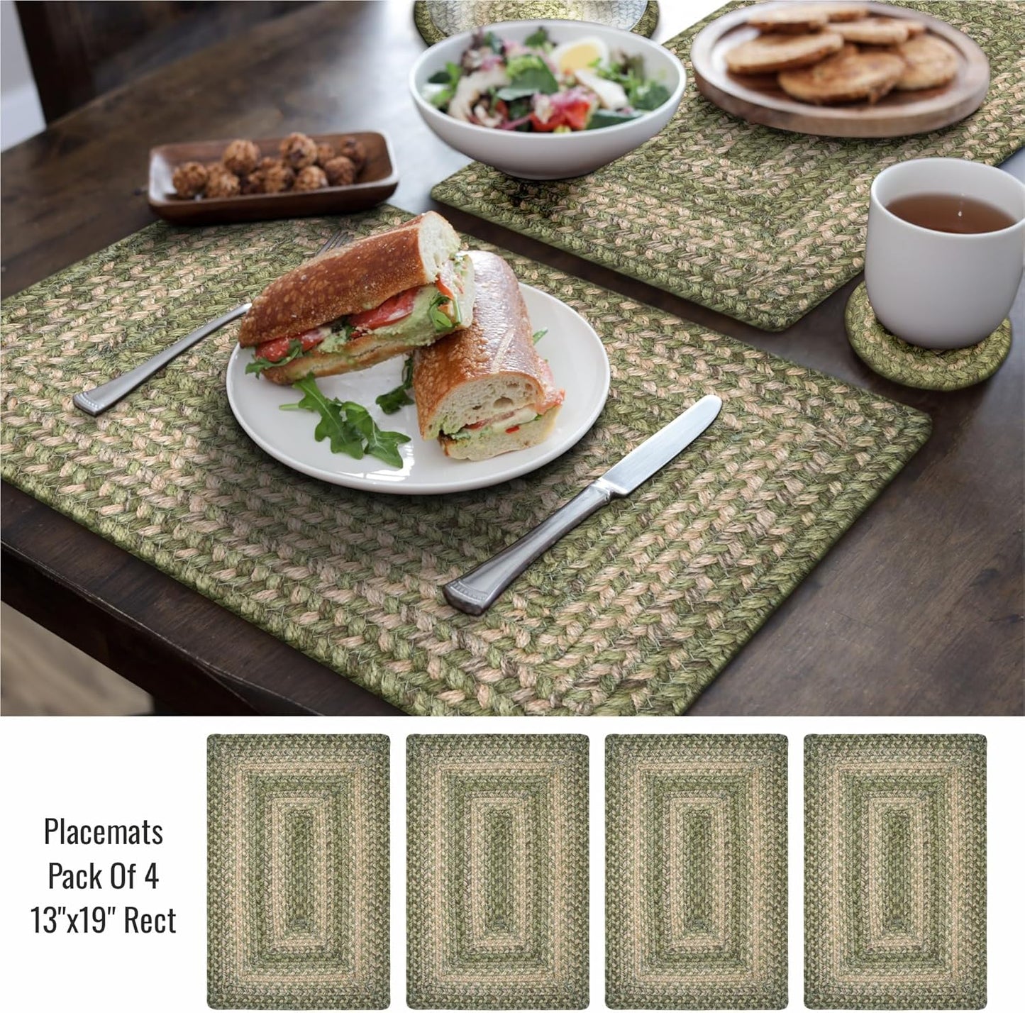 Homespice Grassland Jute Woven Placemats, Warm Country Rustic Decor, Set of 4, Green 13x19 Rectangle Table Mats - Vibrant Colors, Durable, Easy to Clean and Protects Furniture