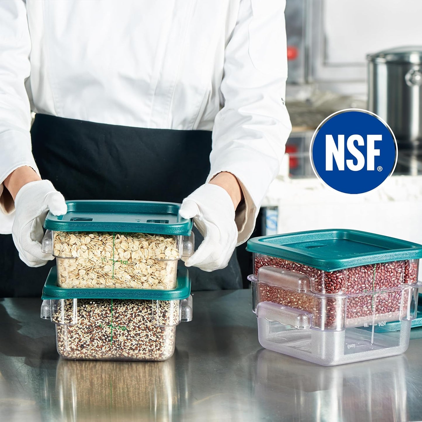 CURTA 4 Pack Food Storage Container with Green Lid - NSF Listed Commercial Grade in 2.0 Qt - Square, Clear, Polycarbonate