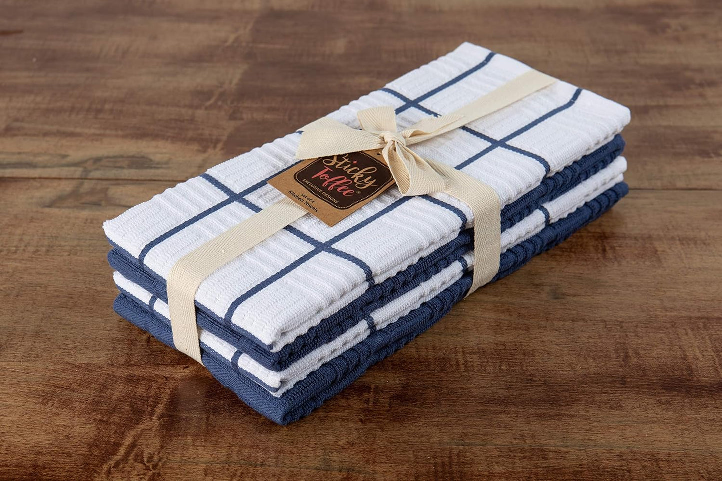 Sticky Toffee Cotton Kitchen Towels Set of 4, Dark Blue and White, 28 x 16 in, Absorbent Reusable Hand and Tea Towels for Kitchen Cleaning