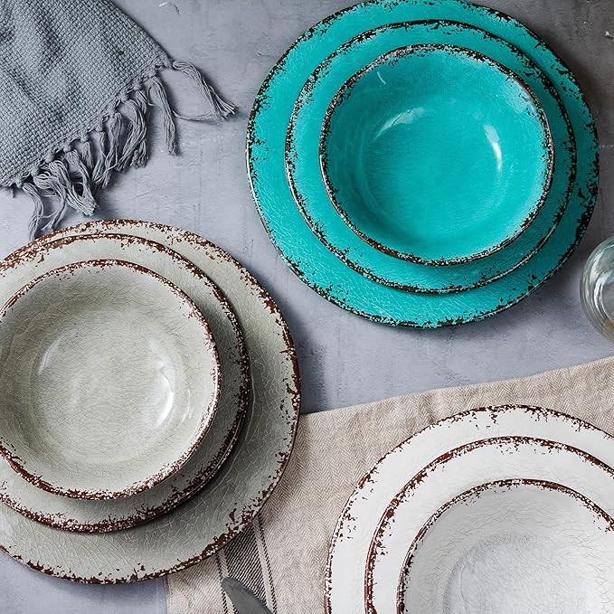 LEHAHA BPA Free Rustic Melamine Plate and Bowl Dinnerware Set Perfect for Indoor Outdoor Dining Party, Camping, 12 Piece Unbreakable Dinnerware Set, Service for 4