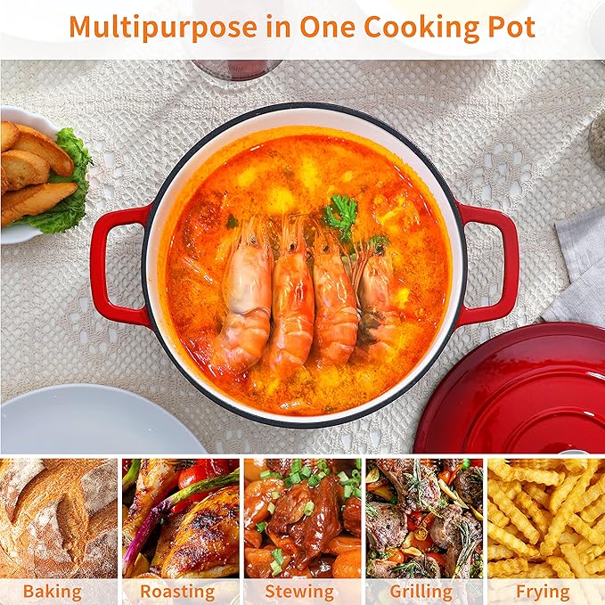 Velaze 6 QT Enameled Cast Iron Dutch Oven, Dual Handles Pot with Lid, Heavy-Duty Non-stick Round Oven for Bread Baking, Stewing, Roasting, Good Sealing for All Heat Source (Red)