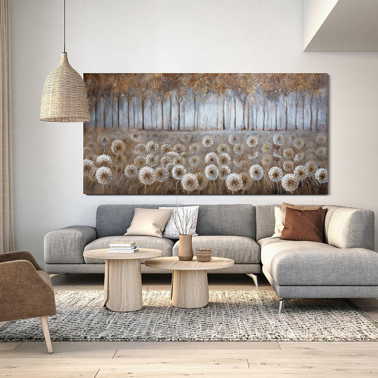 Large Living Room Wall Decor Brown Dandelion Canvas Wall Art Abstract Tree Forest Theme Picture Wall Decoration Modern Framed Prints Artwork Ready to Hang for Bedroom Home Wall Decor Size 29x58 inch