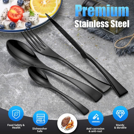 Lemeya 24-Piece Black Silverware Set for 6,Heavy Duty 18/10 Stainless Steel Cutlery Set with Forged Stand Knife,Modern Flatware Utensil Set,Forks Spoons and Knives Set,Mirror Polished,Dishwasher Safe