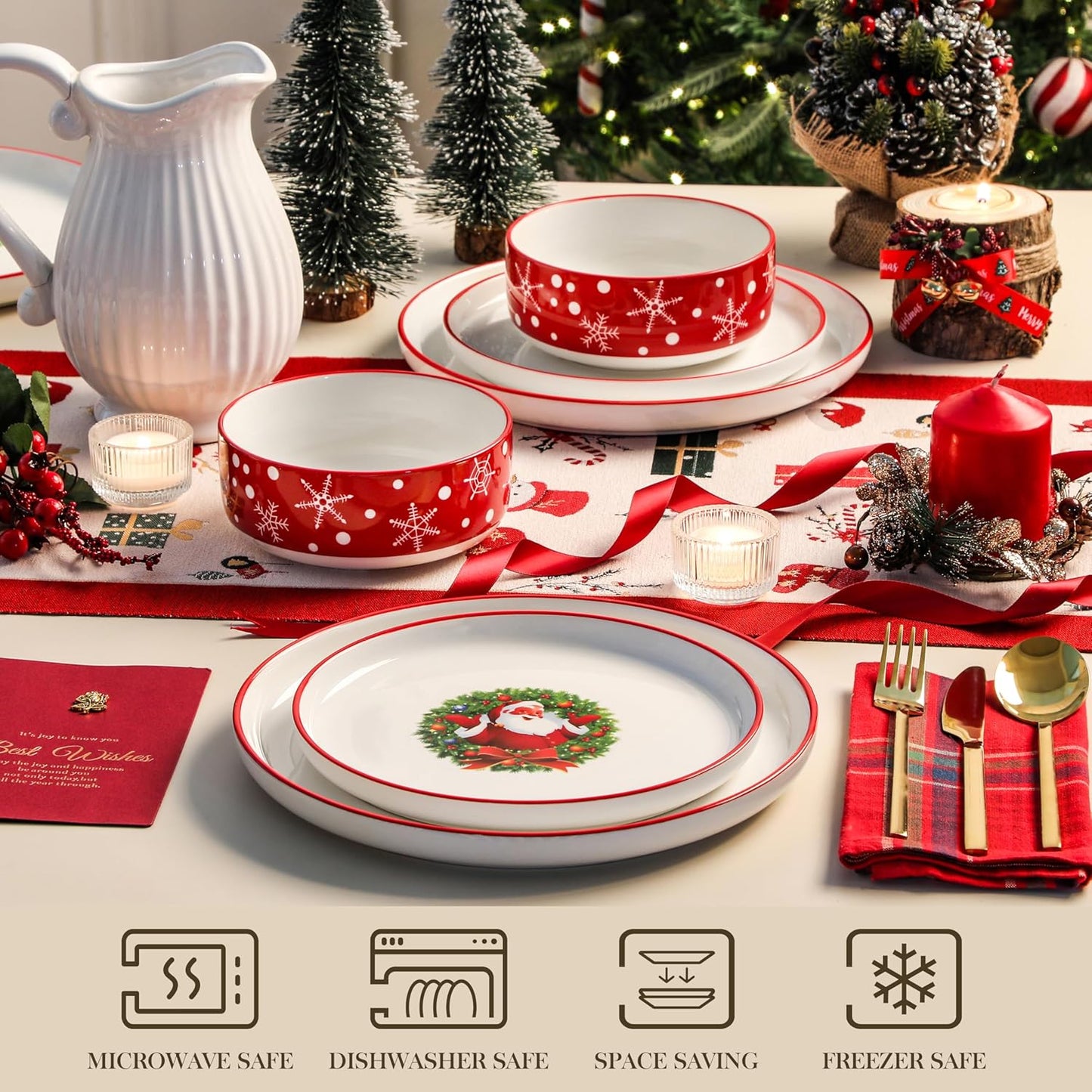MALACASA Plates and Bowls Sets, 12 Pieces Christmas Porcelain Dinnerware Set for 4, Ceramic Dishware Dishes Kitchen Dinner Dining Ware Set, Microwave and Dishwasher Safe, Series LUNA-Santa Claus
