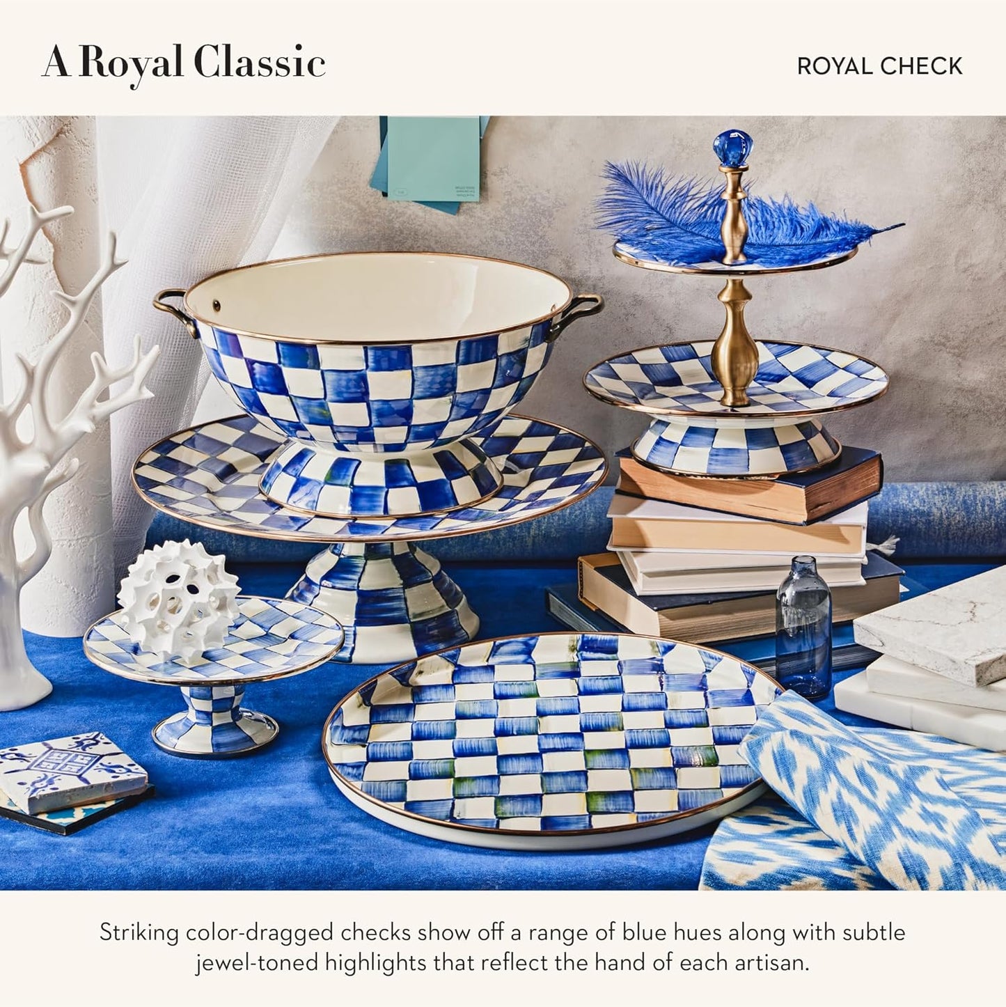 MACKENZIE-CHILDS Enamel Bowl, Serving Bowl for Entertaining, Everything Bowl, Blue-and-White Royal Check