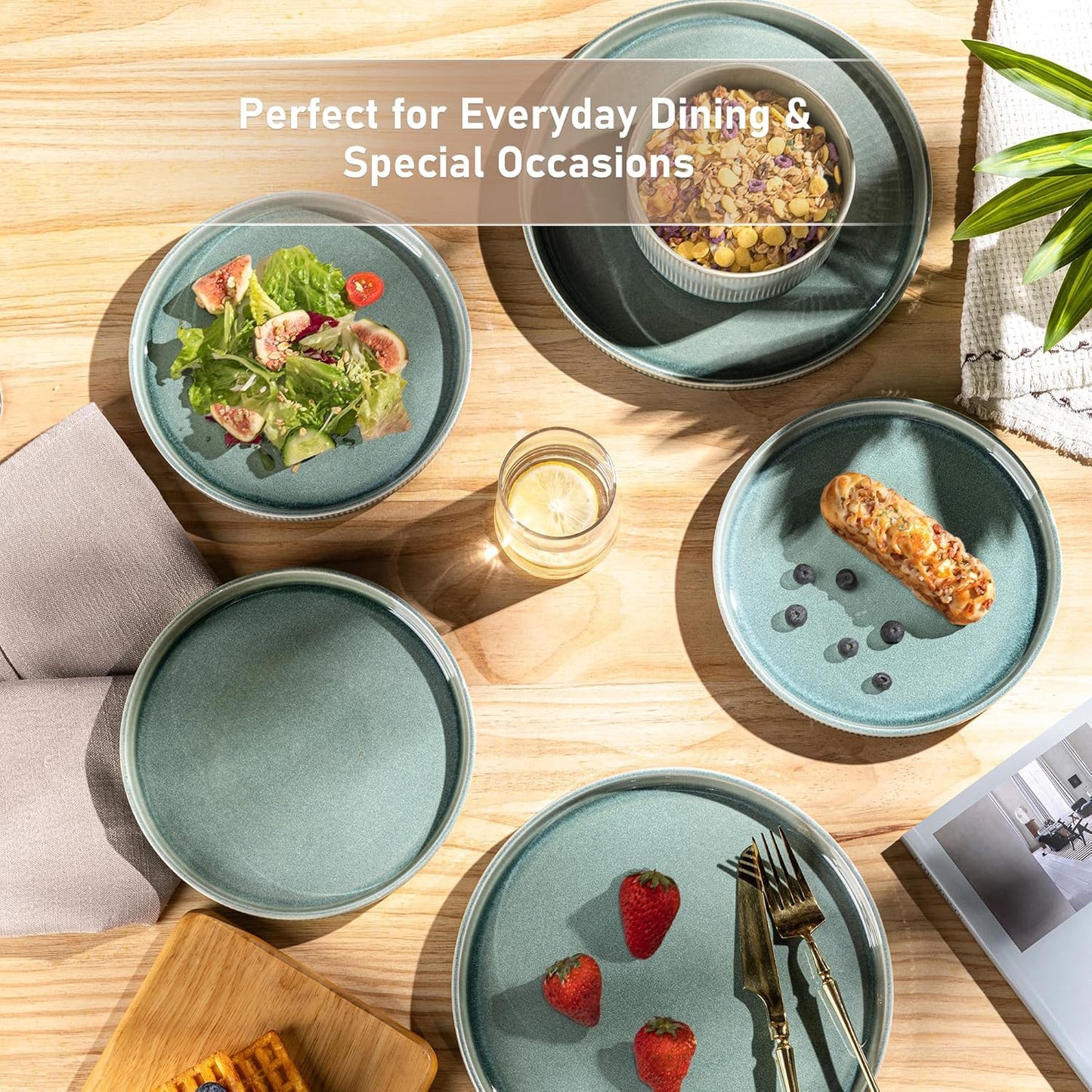 GBHOME Stoneware Dinnerware Sets for 4,Round Reactive Glaze Ceramic Plates and Bowls Set,Highly Scratch Resistant | Dishwasher & Microwave Safe Dishes Set,Service for 4(12Pcs)