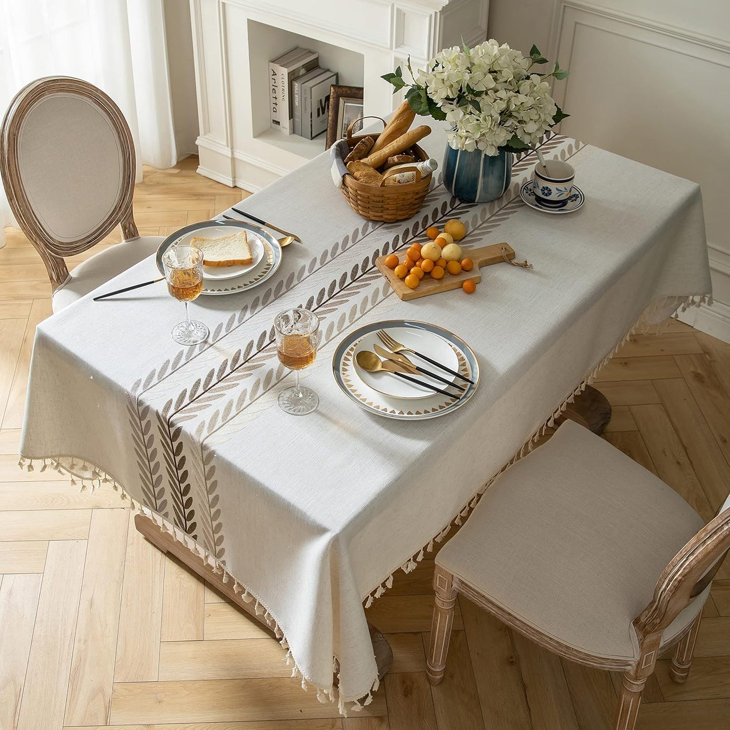 Oubonun Cotton Linen Rectangular Tablecloth - Wrinkle Resistant & Waterproof - Machine Washable Table Cloth with Tassels for Kitchen & Dining, 55''x70'', 4-6 Seats