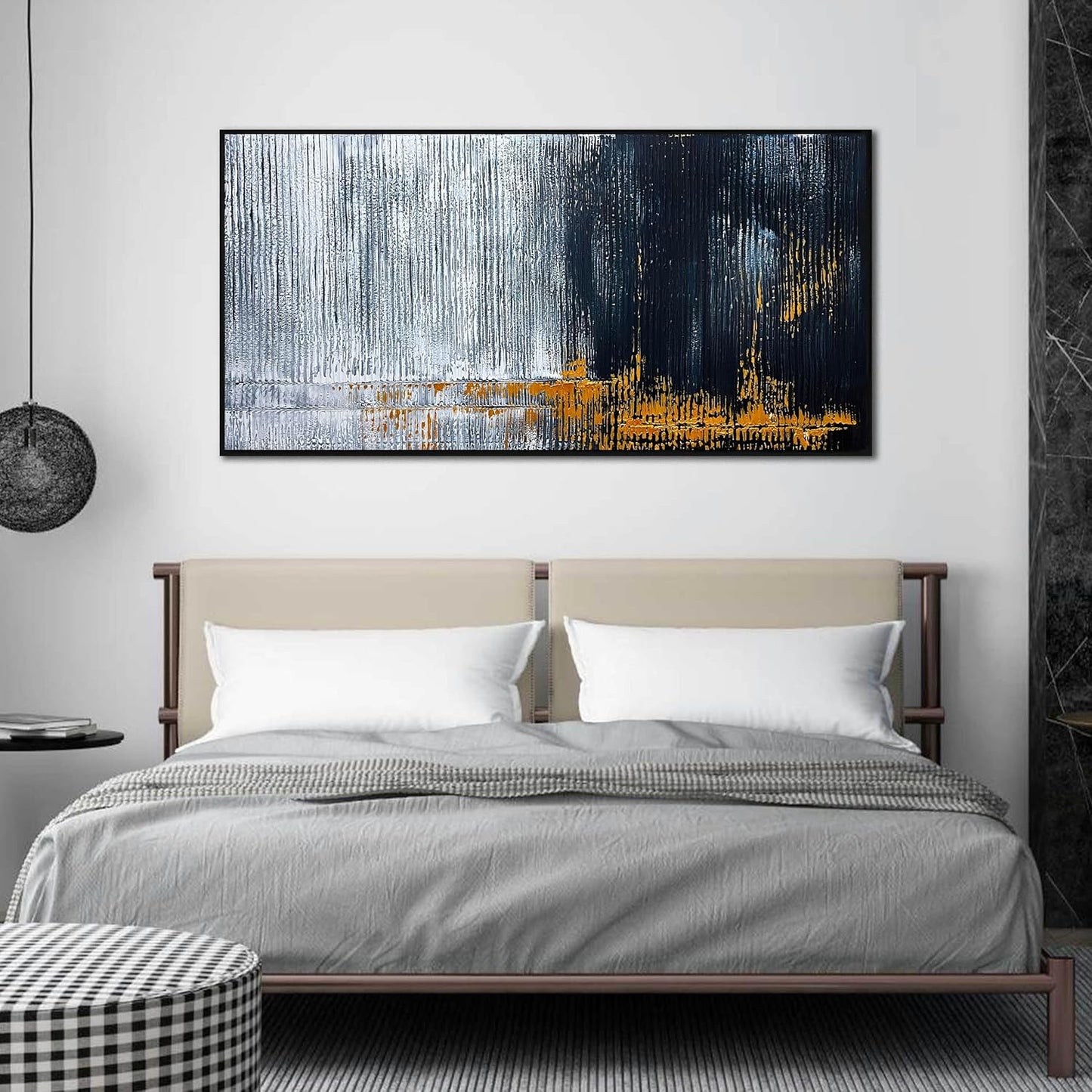 Abstract Hand Painted Wall Art for Living Room - Black and White Pictures Wall Decor for Office -Large Modern Framed Wall Art Size 29" x 59"