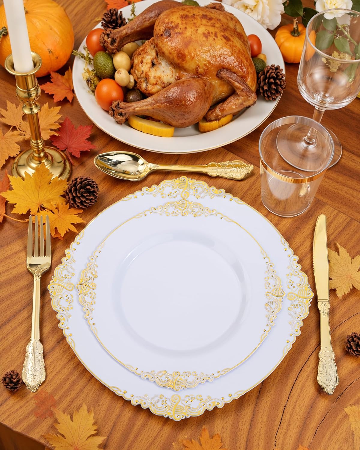 Nervure 175PCS Gold Plastic Plates - Disposable White Gold Party Plates & Pre Rolled Napkins with Cutlery for 25 Guests, 50Plates, 75Silverware, 25Cups, 25Napkin for Wedding & Party & Thanksgiving