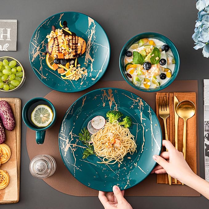 LOVECASA Porcelain Dinnerware Sets for 4, 16 PCS Plates and Bowls Set, Color Glaze with Gold Plate Dish Set, Dinner Sets with Dinner Plates, Dessert Plate, Bowls and Mugs, Dark Green