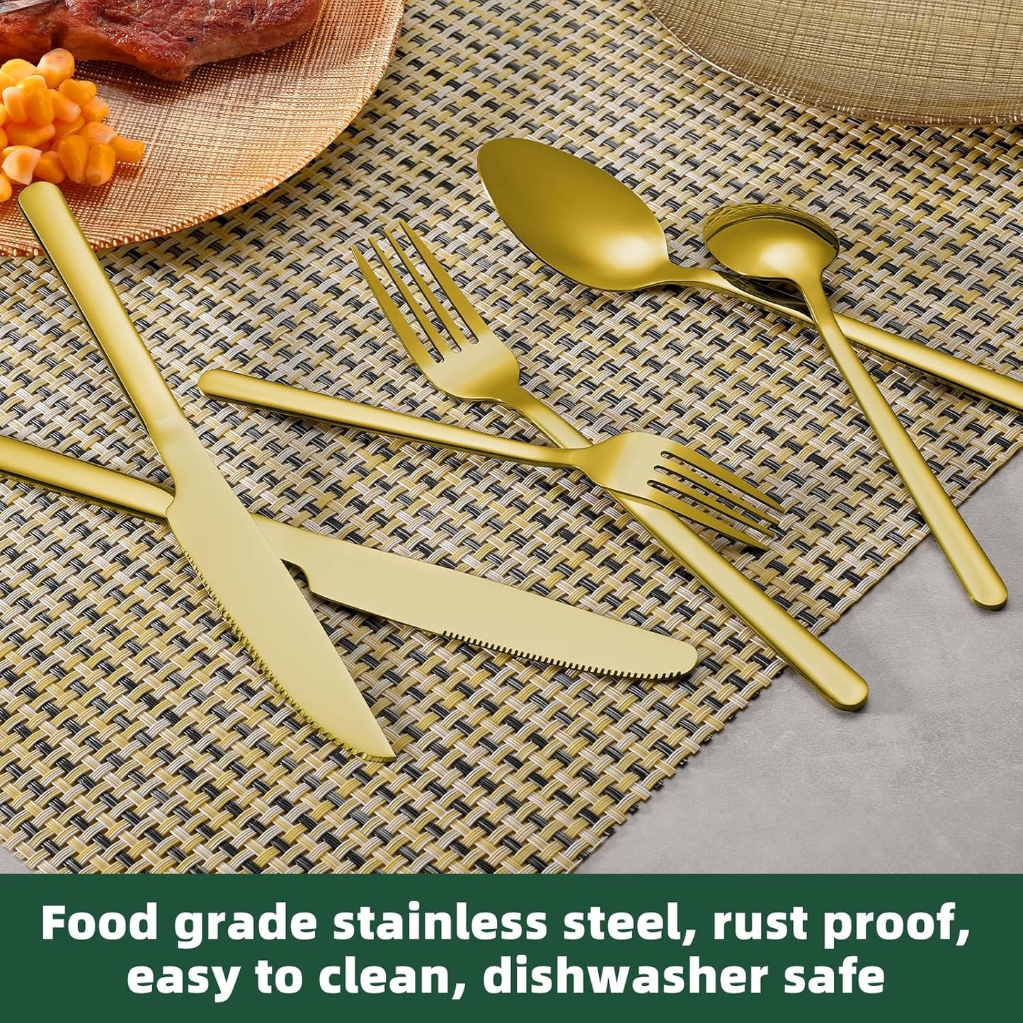 24 Pcs Gold Silverware Set with Steak Knives, Food-Grade Stainless Steel Flatware Cutlery Set for 4, Mirror Polished Tableware Eating Utensils Set for Kitchen, Knife Fork Spoon Set, Dishwasher Safe