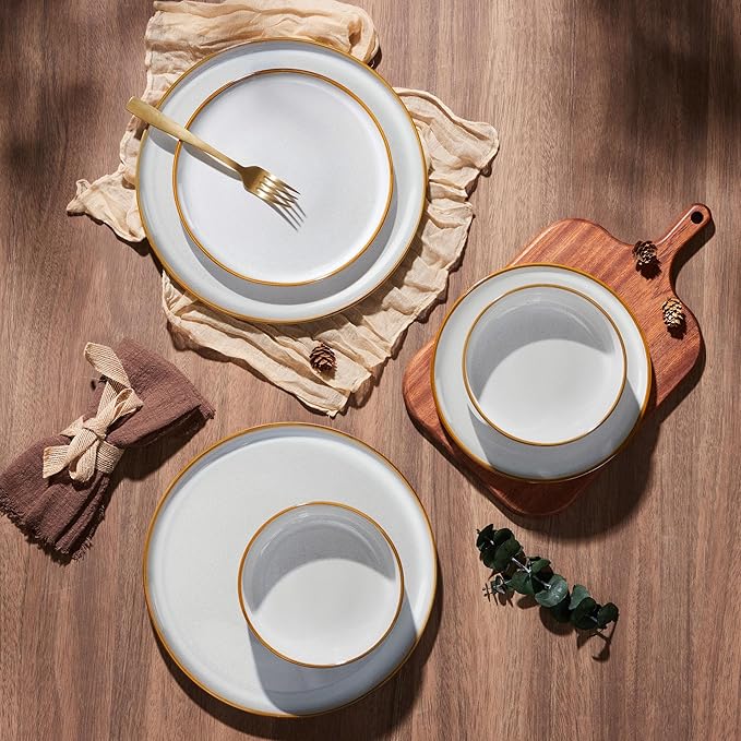 E-far Plates and Bowls Set for 4, 12-Piece Stoneware Dinnerware Sets, Ceramic Dinning Ware Reactive Glaze Dishes Set, Microwave & Dishwasher Safe - Seashell White