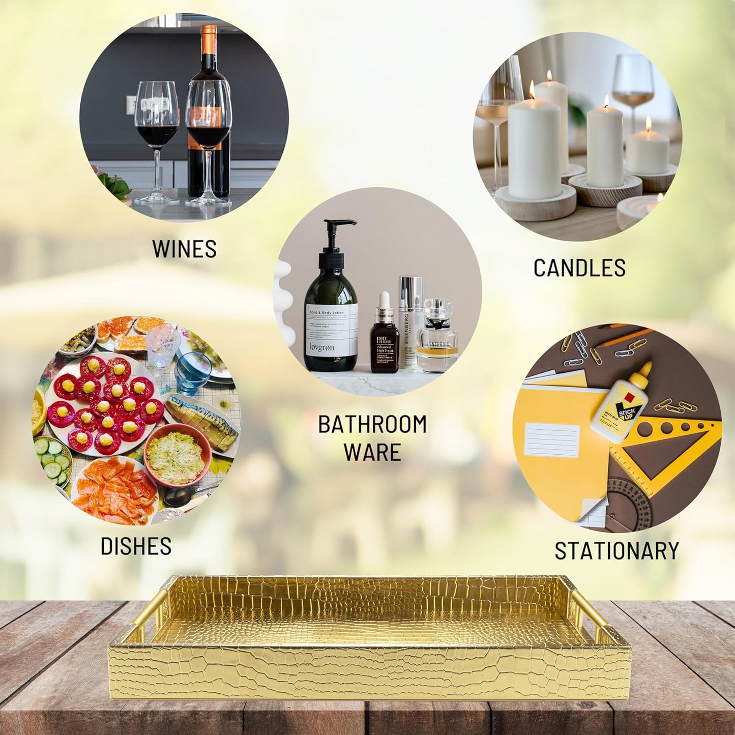 17" x 12" Wood Serving Tray with Gold Polished Metal Handles, Home Decorative Wooden Rectangle Ottoman Leather Decor Platter Bathroom Vanity Tray for All Occasions Alligator Gold