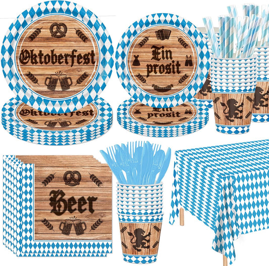 161 Oktoberfest Party Supplies Dinnerware Set - Bavarian German Design with Plates Cutlery Cups & Tablecloth-Blue Diamond Themed Decor for 20 Guests Perfect for Beer Festival, Oktoberfest Celebration
