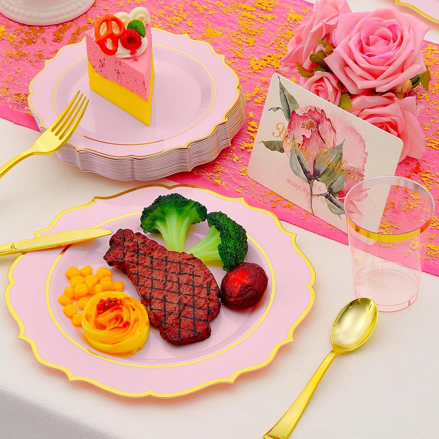 175 PCS Pink Plastic Plates for 25 Guests, Pink and Gold Disposable Dinnerware Set for Party Wedding Include 25 Dinner & 25 Dessert Plates, Spoons, Forks, Knives, Cups, 25 Napkins