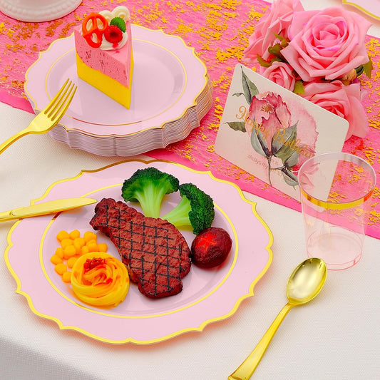 175 PCS Pink Plastic Plates for 25 Guests, Pink and Gold Disposable Dinnerware Set for Party Wedding Include 25 Dinner & 25 Dessert Plates, Spoons, Forks, Knives, Cups, 25 Napkins