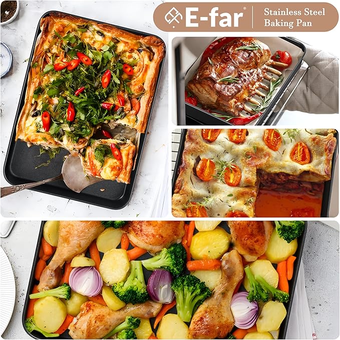 E-far 12.5 x 9.7 Inch Baking Pan, Nonstick Stainless Steel Rectangle Cake Pan for Baking Brownies Casseroles Lasagna, Stainless Steel Core & Nonstick Coating, Non-toxic & Oven Safe