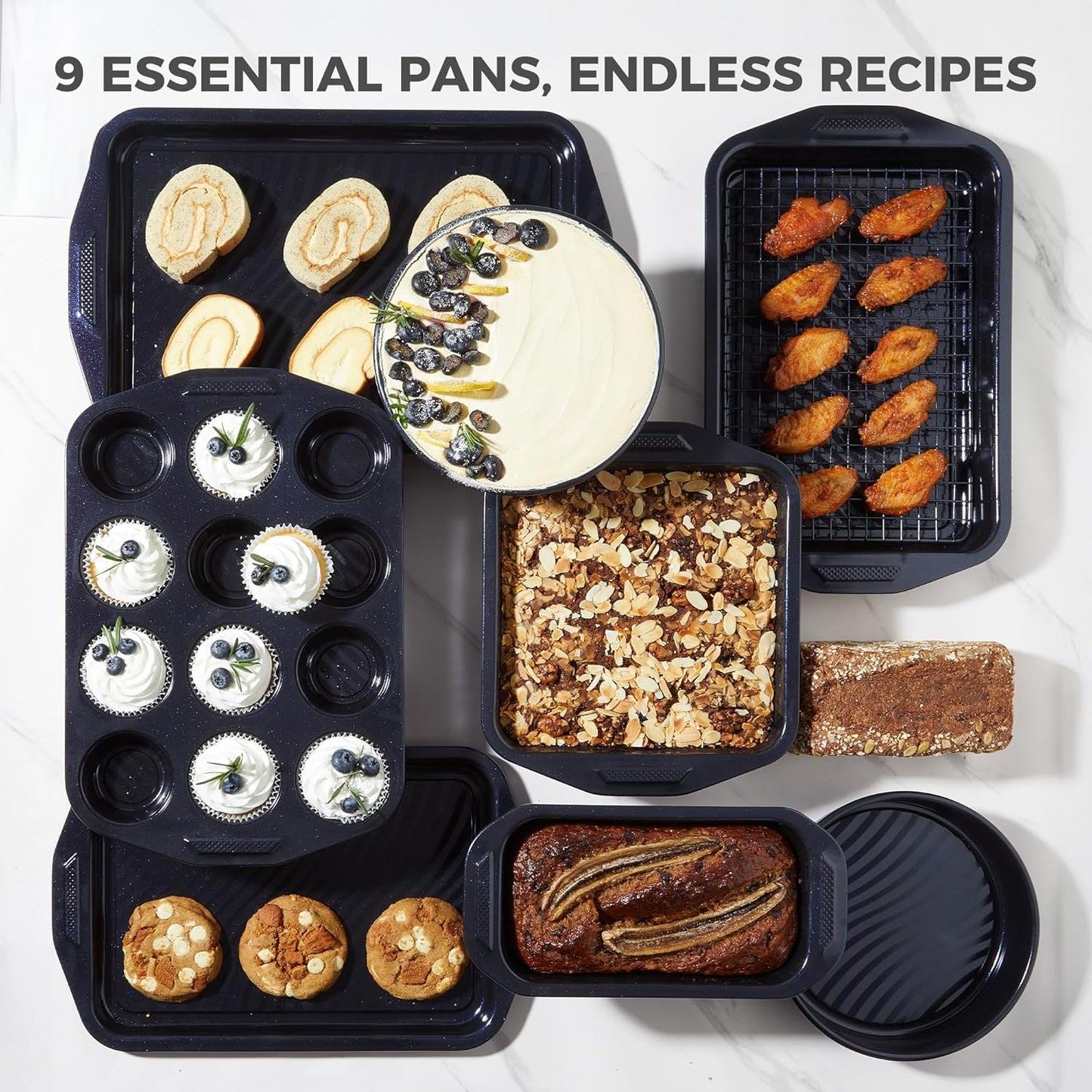 HONGBAKE 9-Piece Baking Pans Set with Wave Texture, 0.8mm Thick Bakeware Sets Non Stick, Includes Stackable Cookie Sheets for Oven Cooking, Cake Pan, Muffin Pan, Loaf Pan, Roasting Pan, Rack, Blue