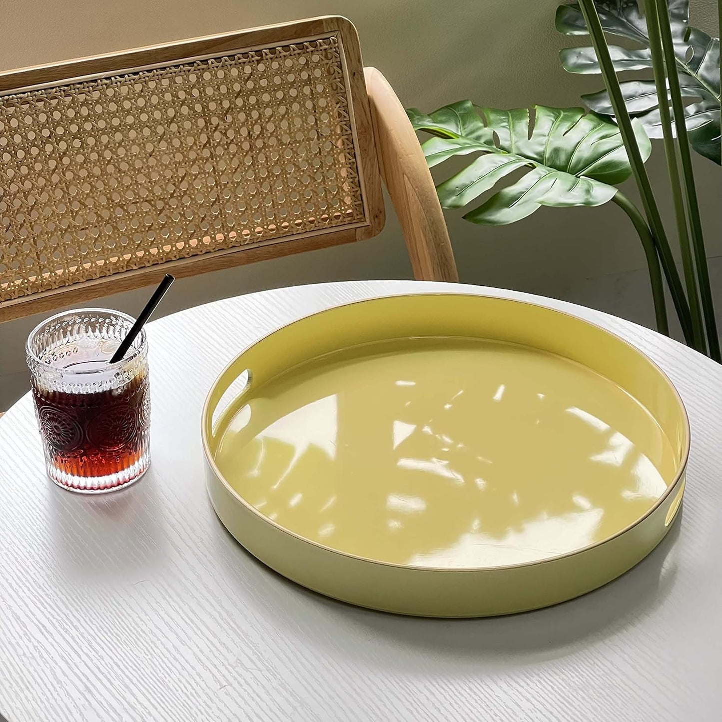 Zosenley Decorative Tray, Plastic Tray with Handles, Modern Vanity Tray and Serving Tray for Ottoman, Coffee Table, Kitchen and Bathroom, Size 13" (Light Yellow)