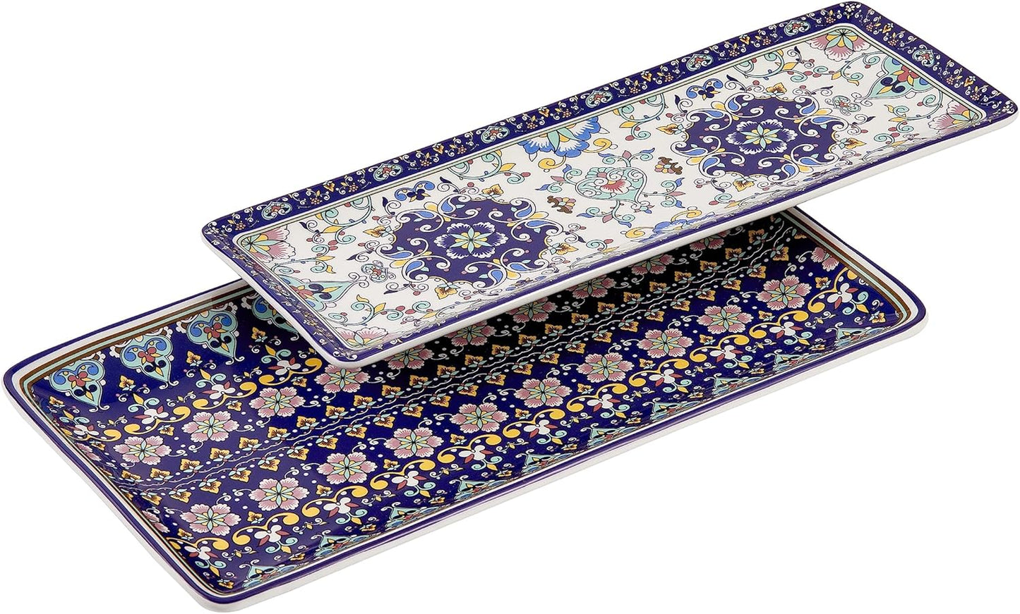 Bico Mandala Kaleidoscope Ceramic 14 inch Rectangular Serving Platter, Set of 2, for Serving Salad, Pasta, Cheese, Ham, Appetizer, Microwave & Dishwasher Safe