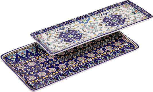 Bico Mandala Kaleidoscope Ceramic 14 inch Rectangular Serving Platter, Set of 2, for Serving Salad, Pasta, Cheese, Ham, Appetizer, Microwave & Dishwasher Safe