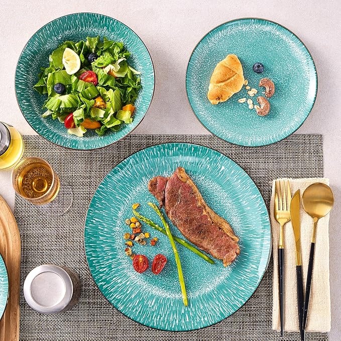 Bestone Plates and Bowls Sets,12 Pieces Round Porcelain Dinnerware Sets,Dishes, Plates, Dishware Sets,Chip Resistant Ceramic Dish Set Dining Dinner Ware Service for 4,New green