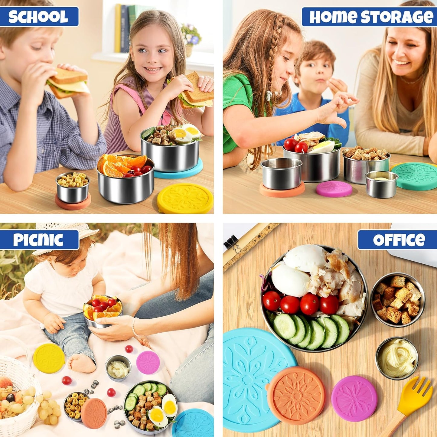 304 Stainless Steel Containers with Lids Small for Lunch, Leak-Proof Stainless Steel Food Storage Containers for Back to School Kids, 5 Pack Stackable (2oz, 4oz, 8oz, 14oz, 24oz)