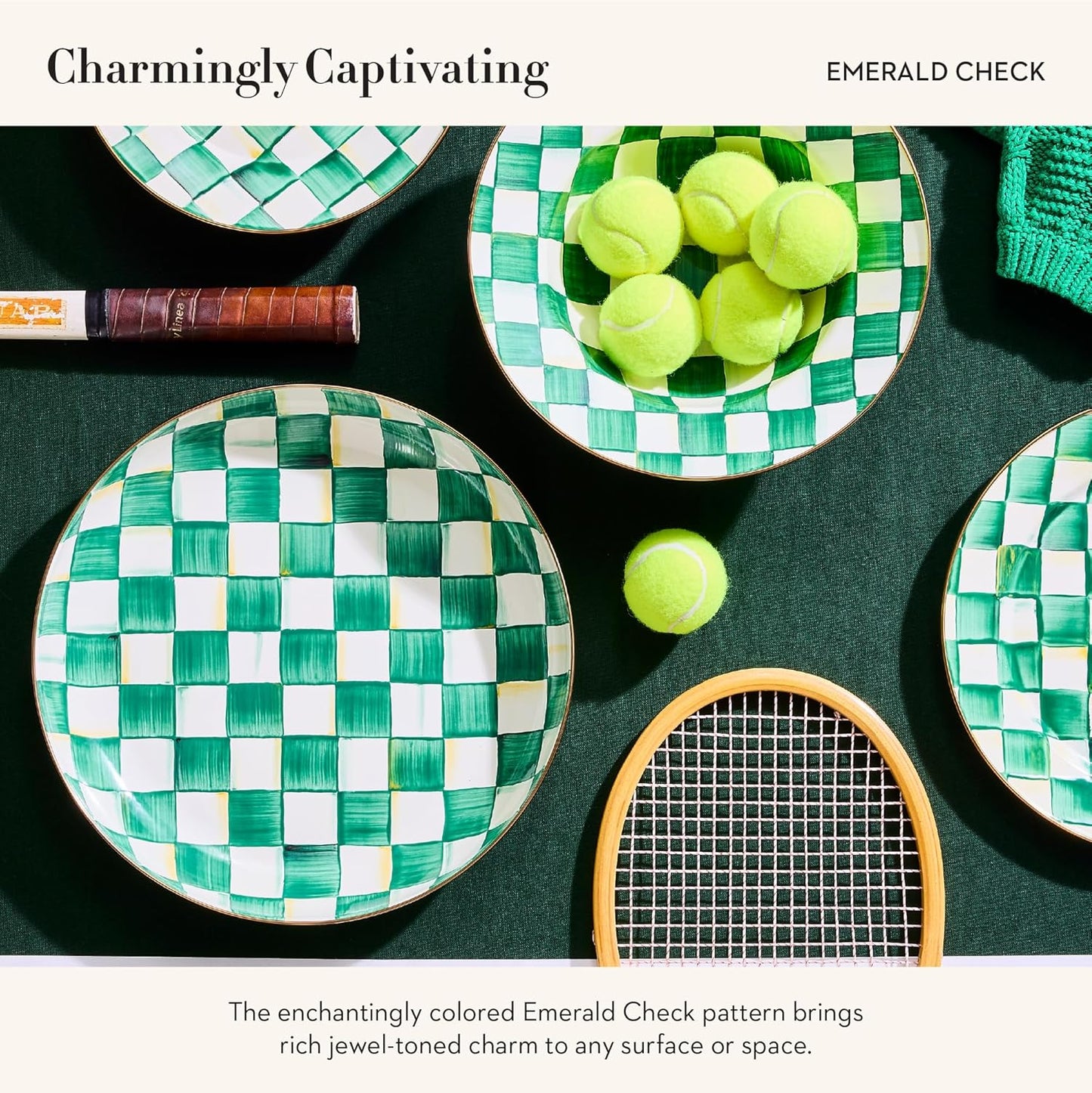 MACKENZIE-CHILDS Enamel Abundant Bowl, Serving Bowl or Fruit Bowl for Display, 13-Cup Capacity, Green-and-White Emerald Check