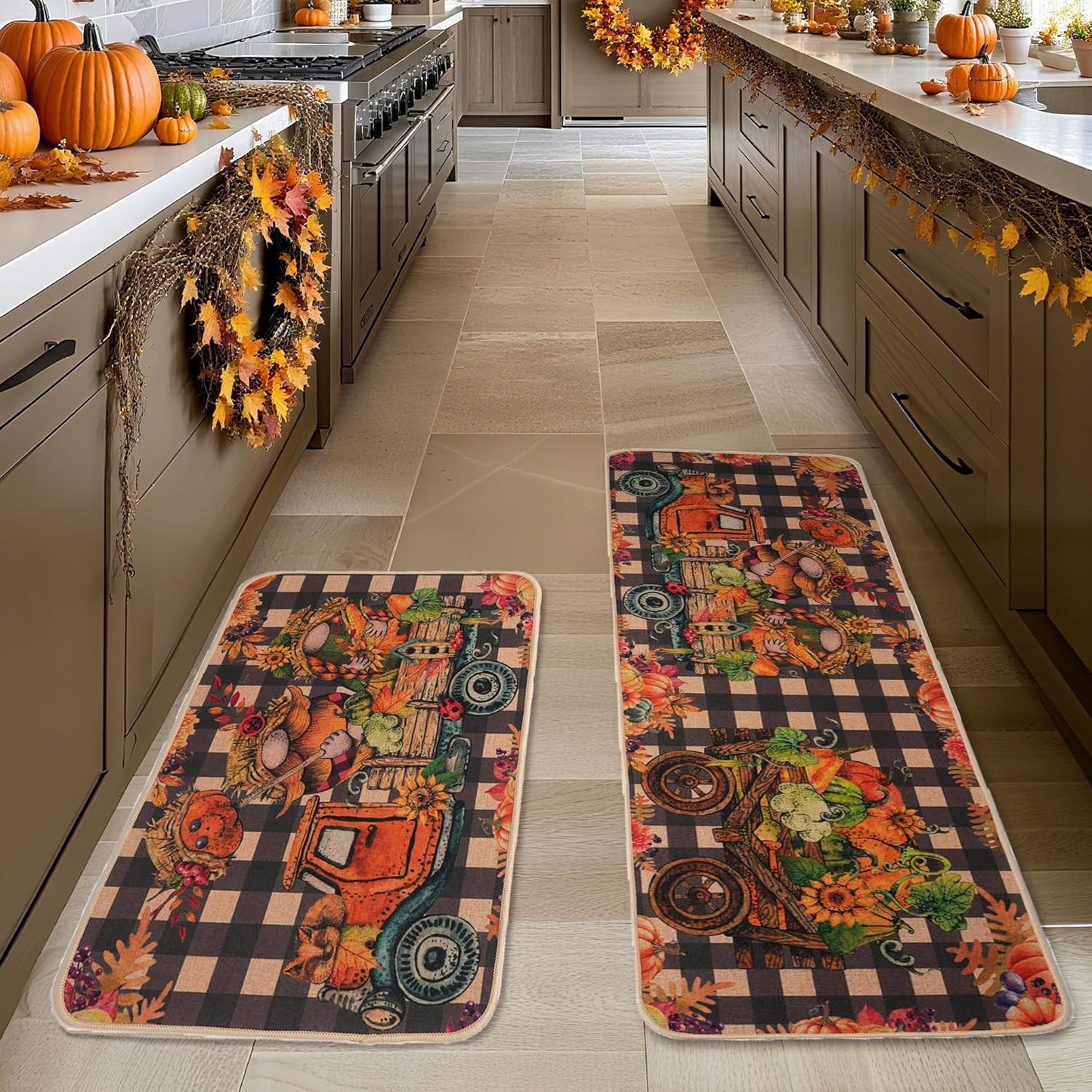 Larponder Fall Pumpkin Gnome Truck Kitchen Mats Set of 2, Non-Slip Absorbent Rug and Door Mats, Home Decor Kitchen Floor Rugs for Autumn Harvest Thanksgiving Holiday - 17x24 and 17x48 Inch