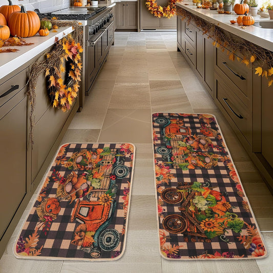 Larponder Fall Pumpkin Gnome Truck Kitchen Mats Set of 2, Non-Slip Absorbent Rug and Door Mats, Home Decor Kitchen Floor Rugs for Autumn Harvest Thanksgiving Holiday - 17x24 and 17x48 Inch