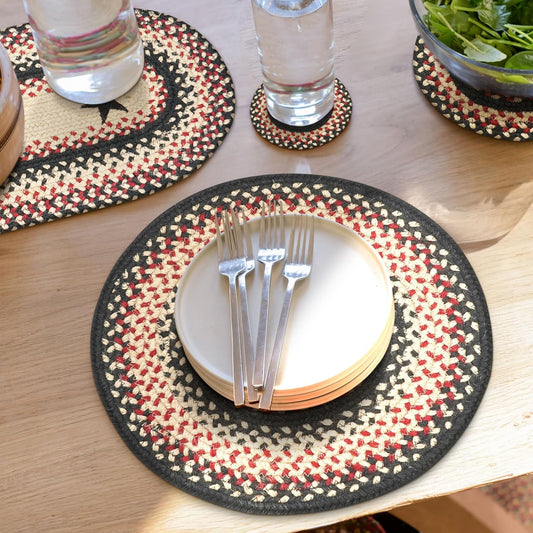 Primitive Star Gloucester Jute Woven Round Placemats Set of 6, 15", Warm Primitive Decor, Black and Red Table Mats - Vibrant Colors, Durable, Easy to Clean and Protects Furniture
