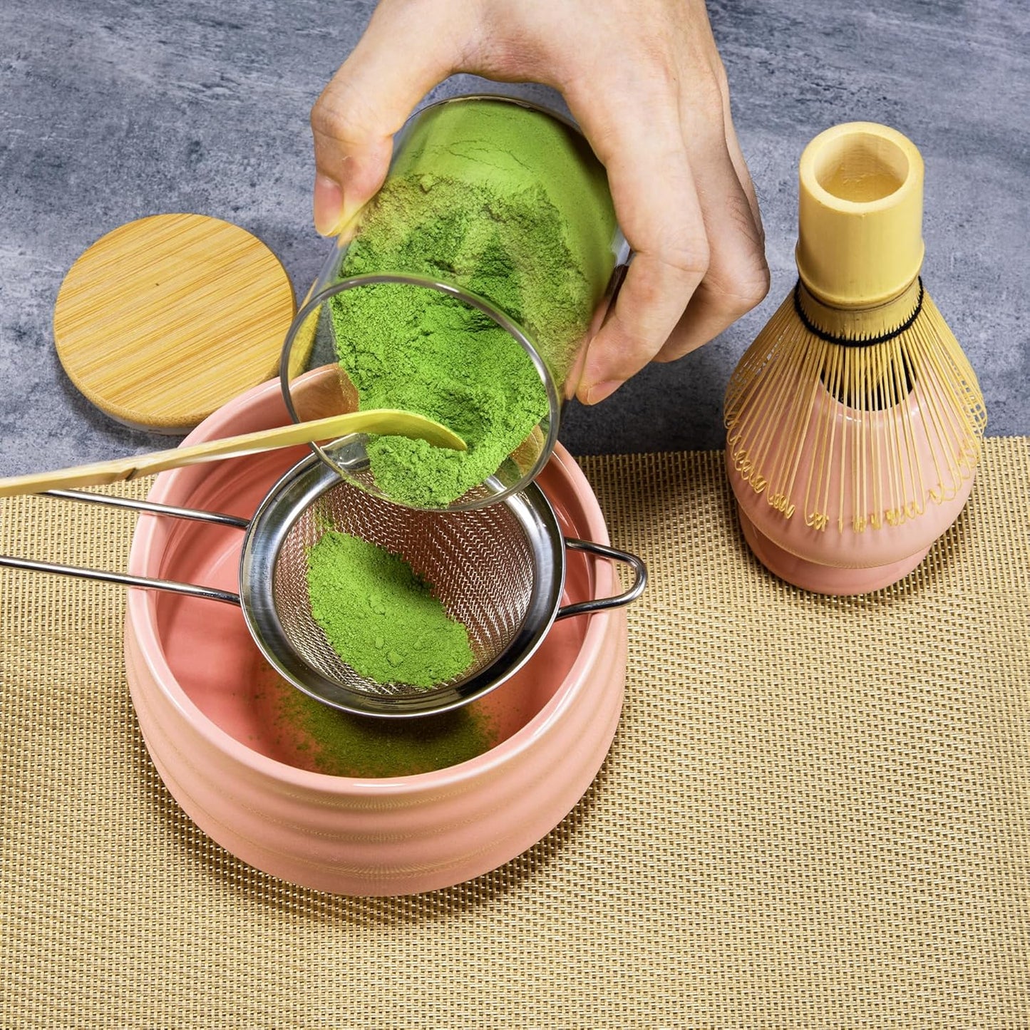 Matcha Whisk Set- Matcha Set includes Matcha Bowl, Sifter, Holder and Scoop- The Perfect Bamboo Whisk for Matcha Tea (Pink)