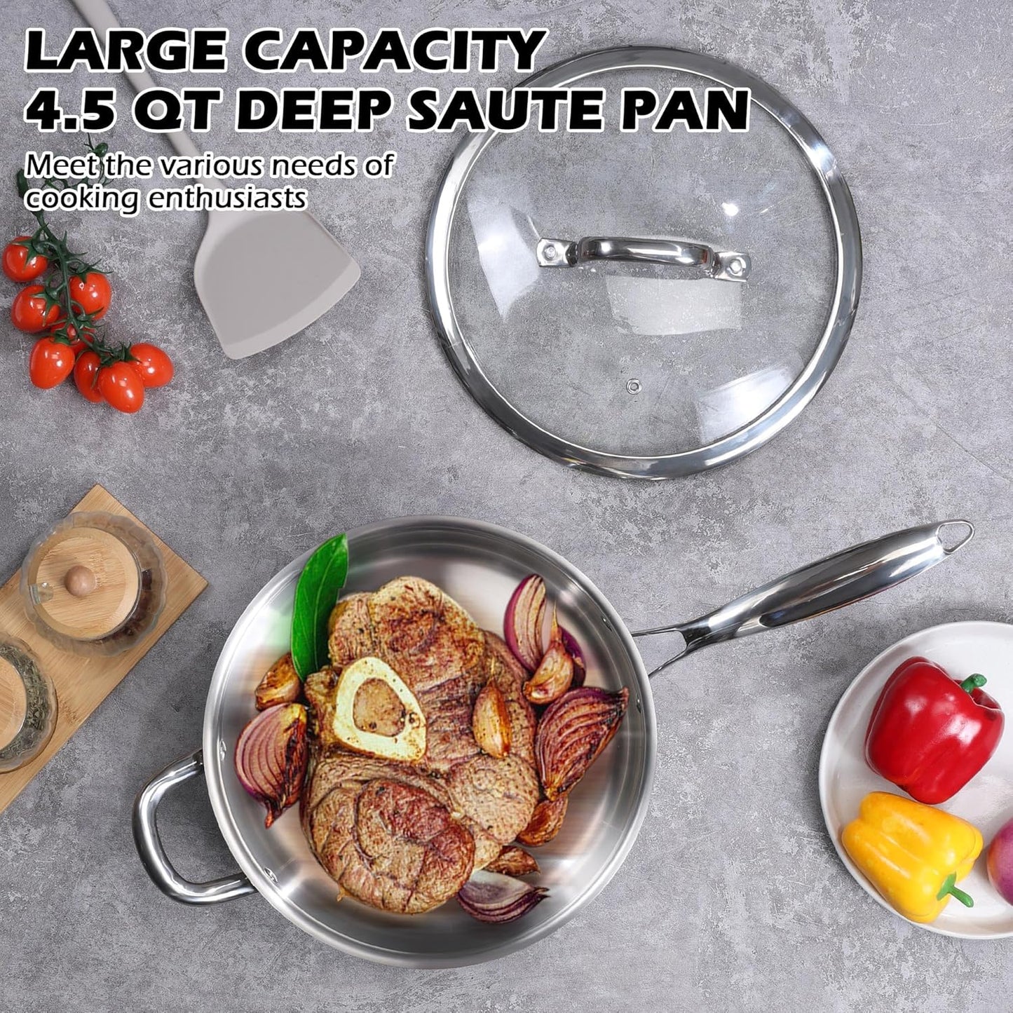 E-far 10 Inch Tri-Ply Stainless Steel Saute Pan, 4.5 Quart Deep Frying Pan with Lid, Kitchen Skillet, Healthy Non-toxic Cooking Pan for Induction Ceramic Gas Stoves, Heavy Duty, Oven & Dishwasher Safe