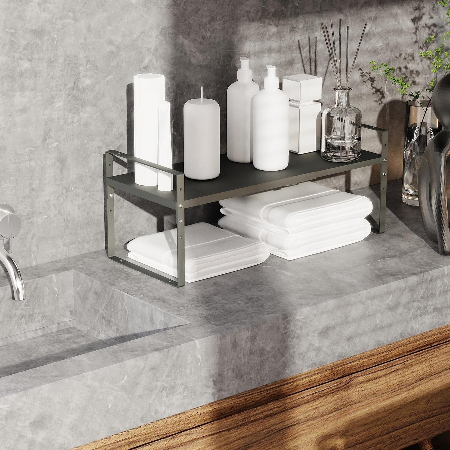 Expandable Stackable Spice Rack Cabinet Shelf Organizer in Cabinets Shelves Kitchen Cupboard Organization Stack up Racks Pantry Countertop Storage (Gray, Medium 2 Packs)